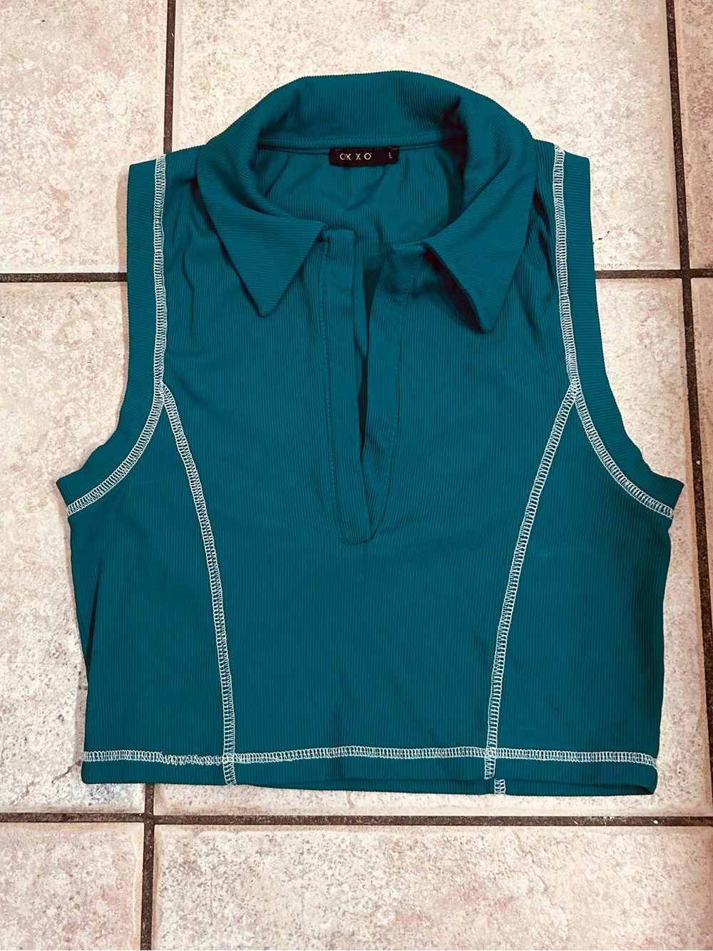 Green Sleeveless Polo Crop Top with Contrast Stitching